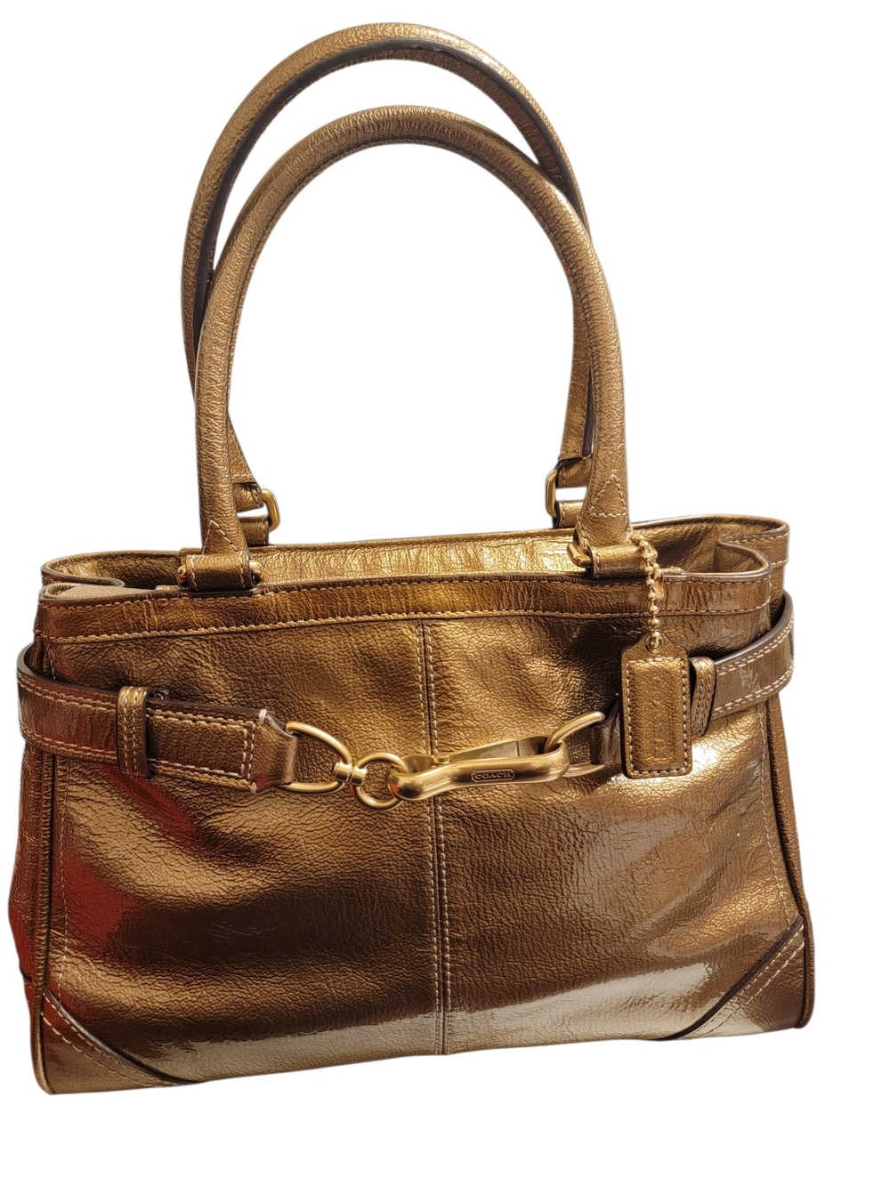 Coach Metallic Gold Leather Tote Bag with Chain Accent